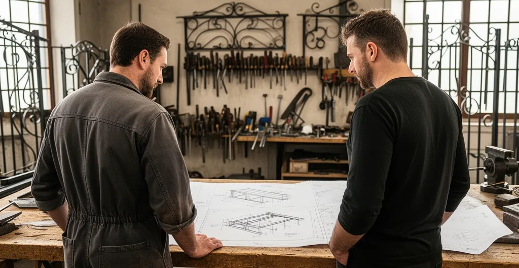 Artisan métallier et client discutant devant des croquis dans un atelier