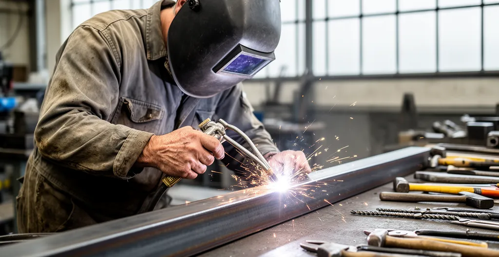 Artisan métallier travaillant sur une structure en acier dans son atelier