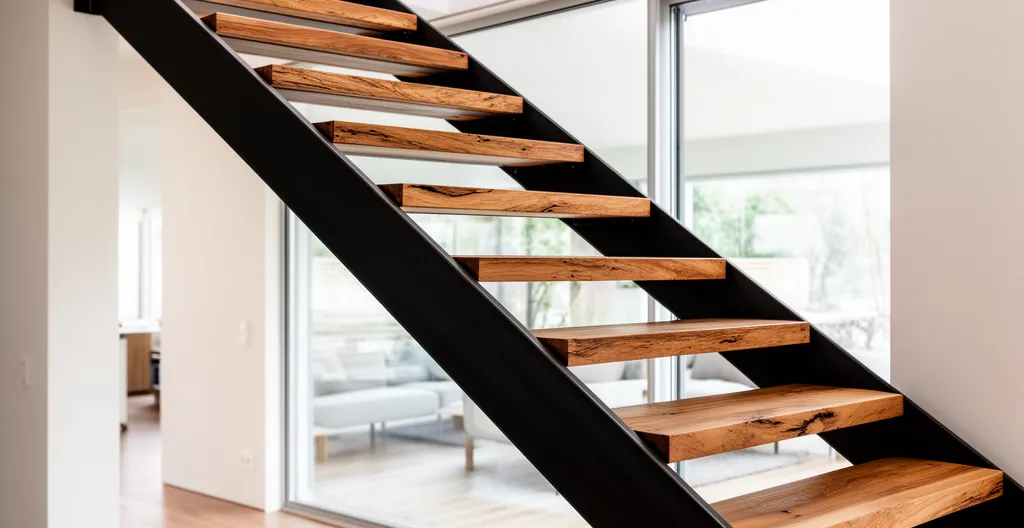Escalier moderne en acier noir et marches bois dans un salon lumineux