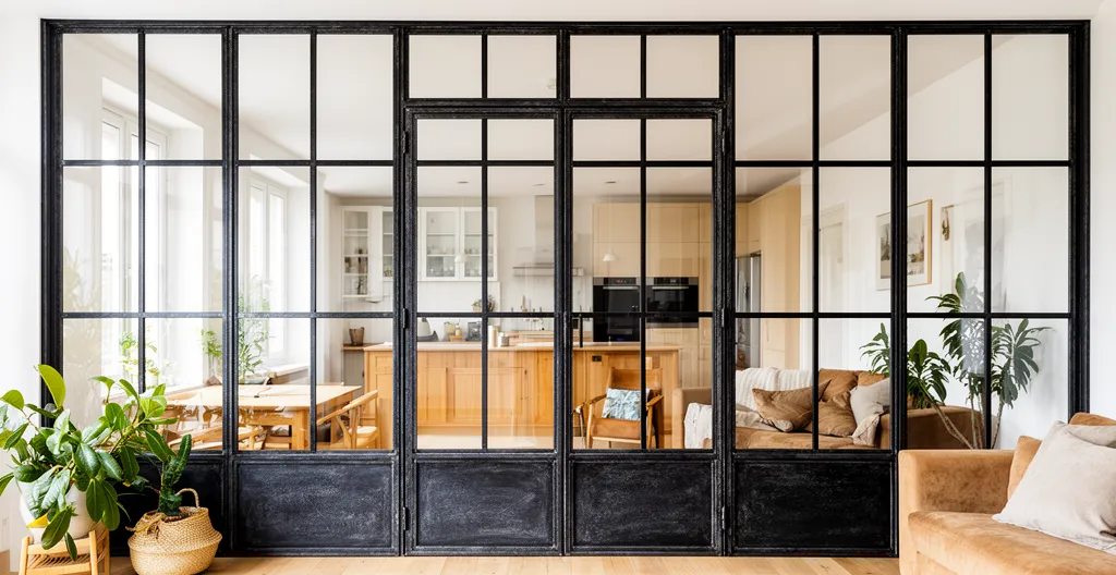 Verrière intérieure style atelier séparant une cuisine et un salon