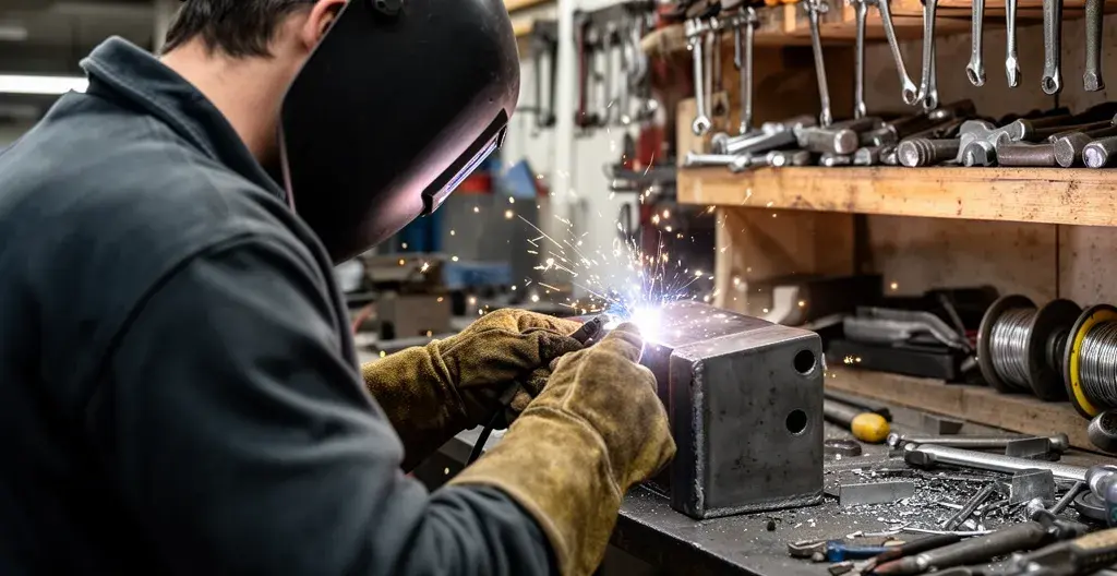Soudure en cours sur structure métallique dans atelier de métallerie