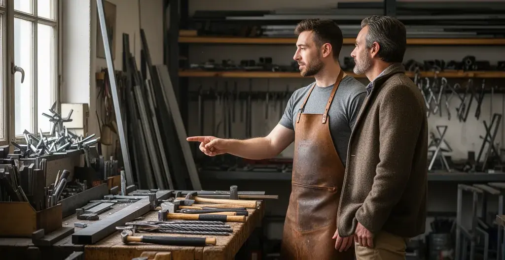Métallier et client discutant d'un projet dans un atelier