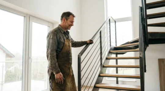 Artisan métallier inspectant un escalier métal-bois dans un intérieur contemporain