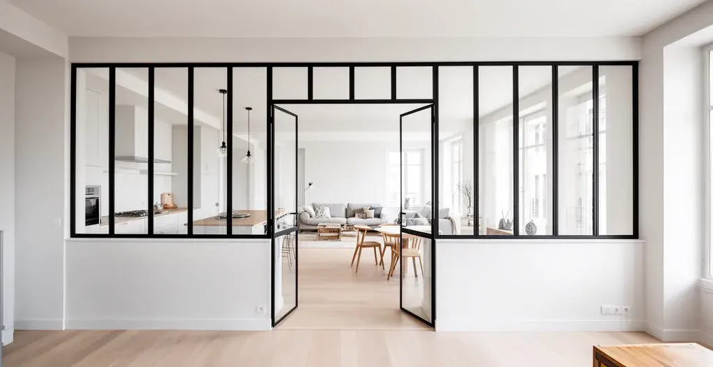 Verrière intérieure acier noir style atelier séparant cuisine et salon