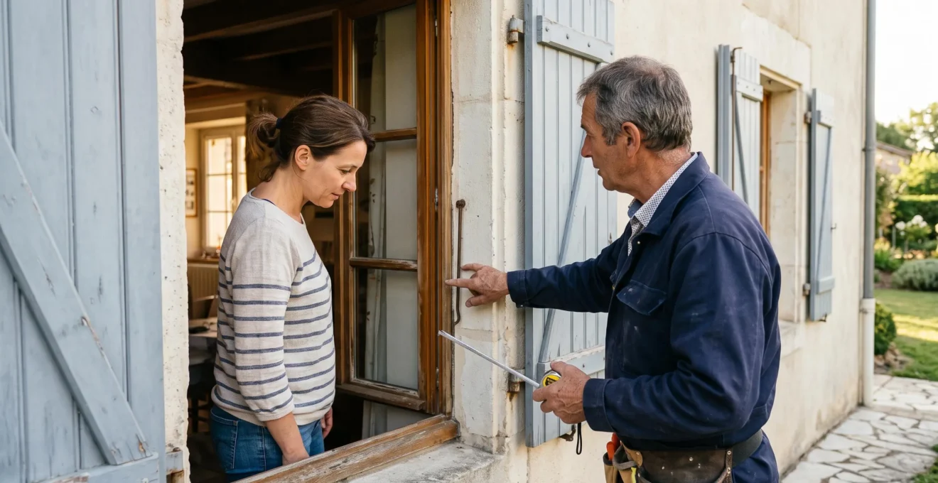 Un artisan explique la pose d'une fenêtre à un client devant l'ouverture