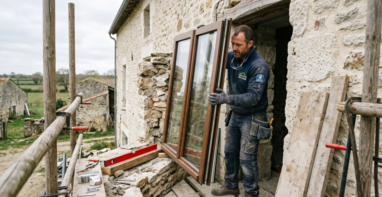 Un menuisier pose une fenêtre à double vitrage sur une maison en pierre